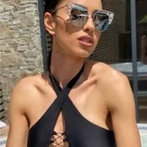 JIMMY CHOO CRYSTAL DRAMATIC BLING SILVER MIRROR CATEYE SUNGLASSES